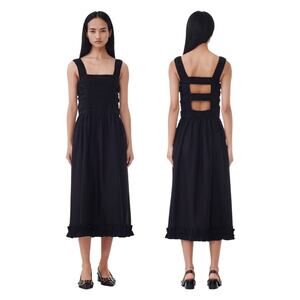 Ganni Cotton Poplin Midi Strap Smocked Dress Ruched Ruffle Edgy Boho Sz US 2